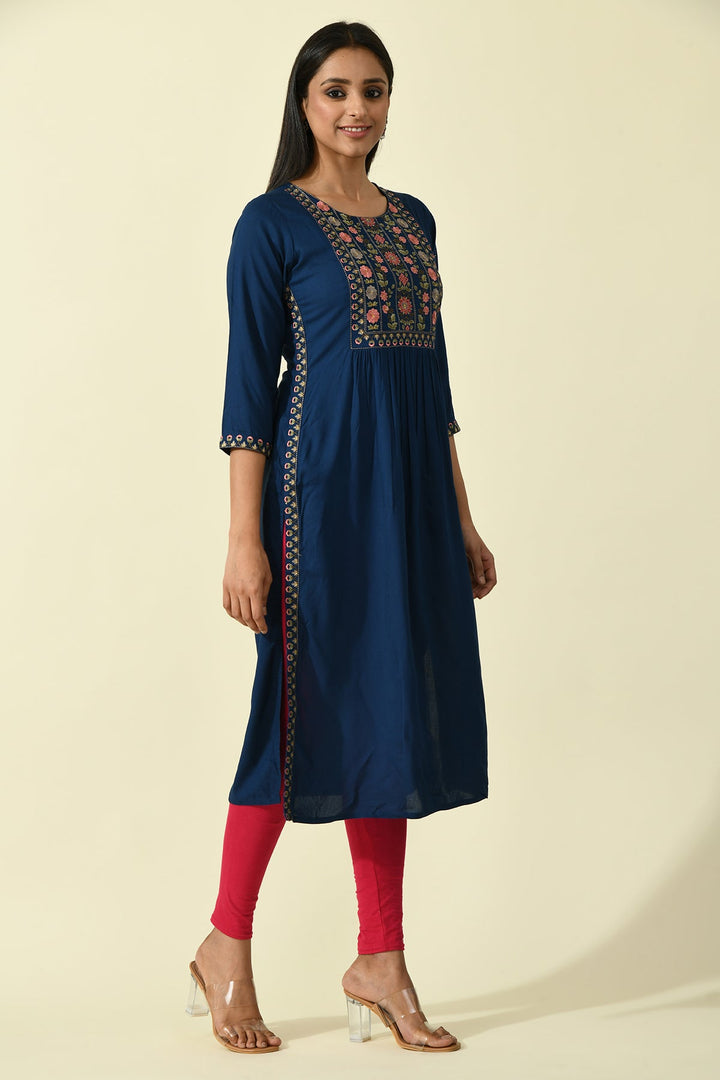 Blue Yoke Embroidered Solid Straight Kurta