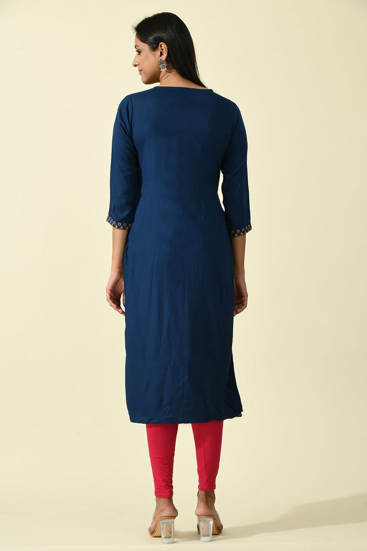 Blue Yoke Embroidered Solid Straight Kurta