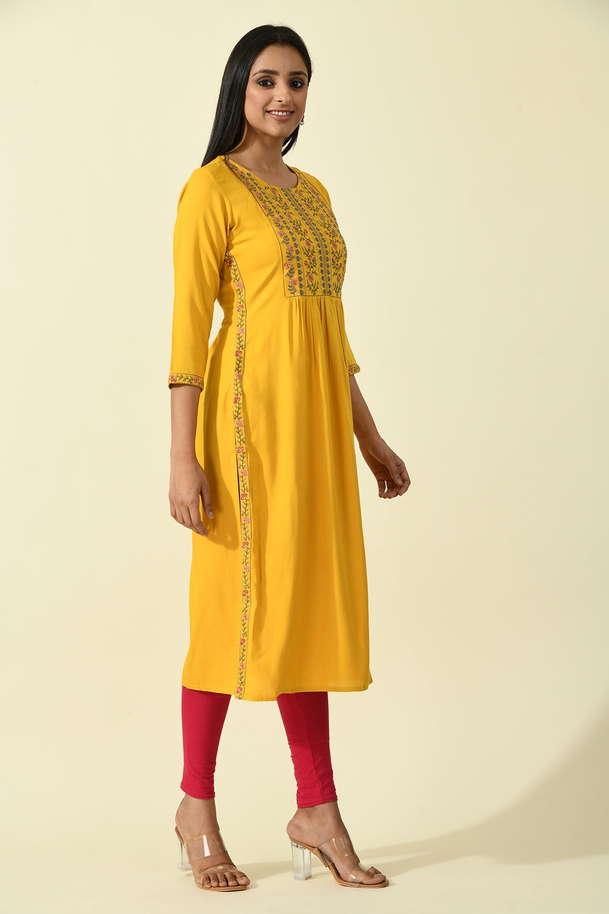 Mustard Yoke Embroidered Solid Straight Kurta