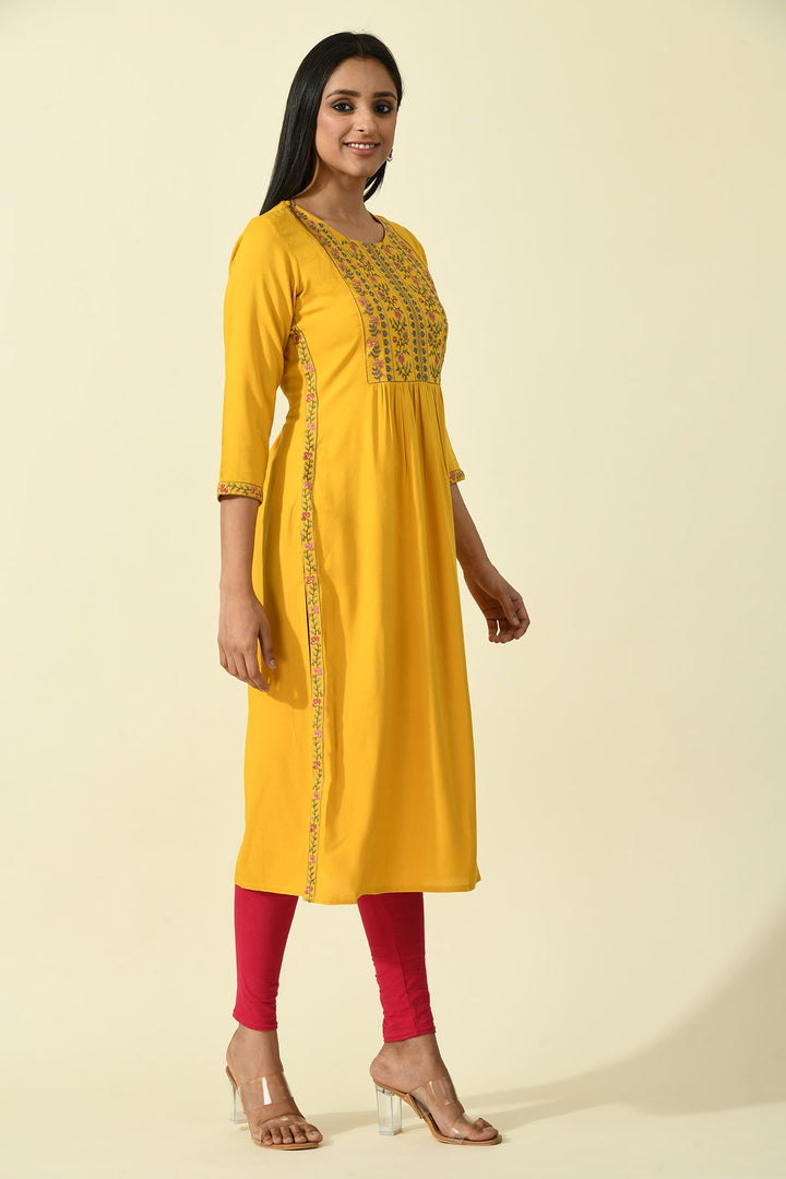 Mustard Yoke Embroidered Solid Straight Kurta