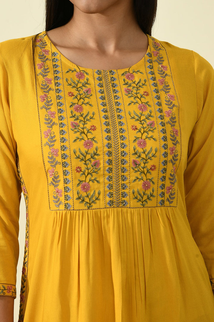 Mustard Yoke Embroidered Solid Straight Kurta