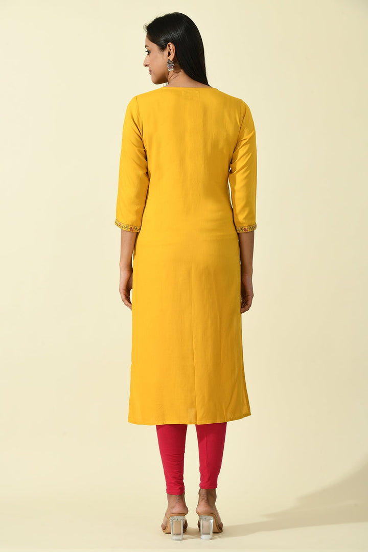 Mustard Yoke Embroidered Solid Straight Kurta