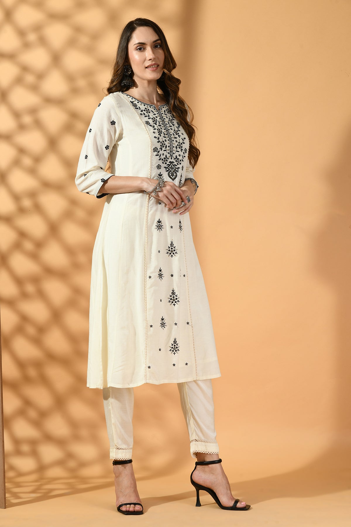 Cream Embroidered Solid Kurta Set