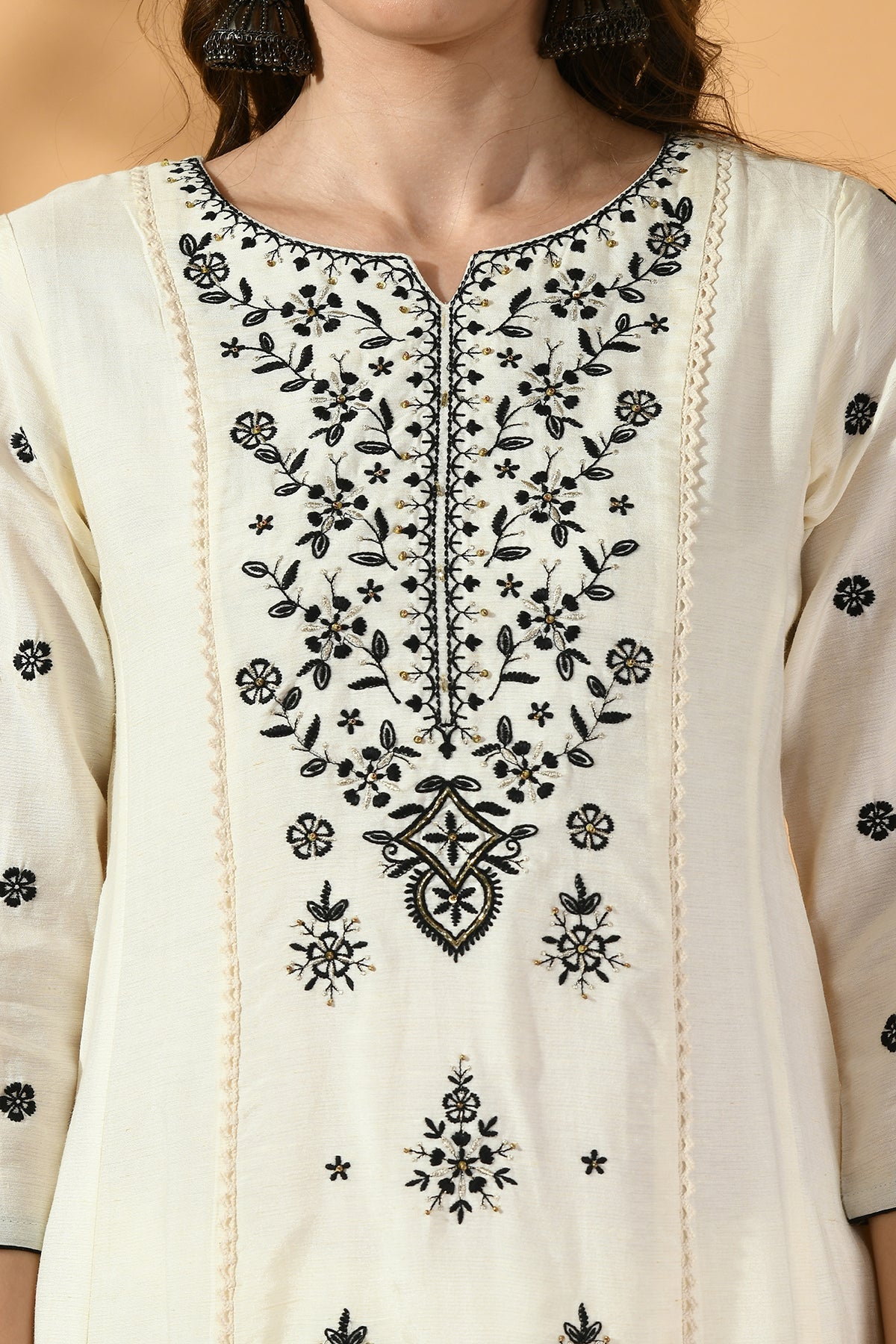 Cream Embroidered Solid Kurta Set