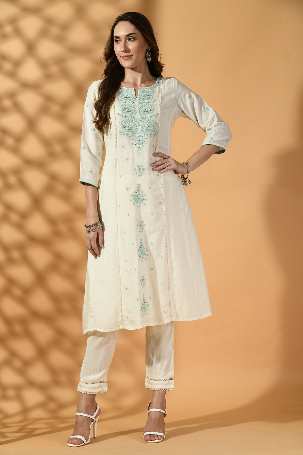 Cream Embroidered Solid Kurta Set