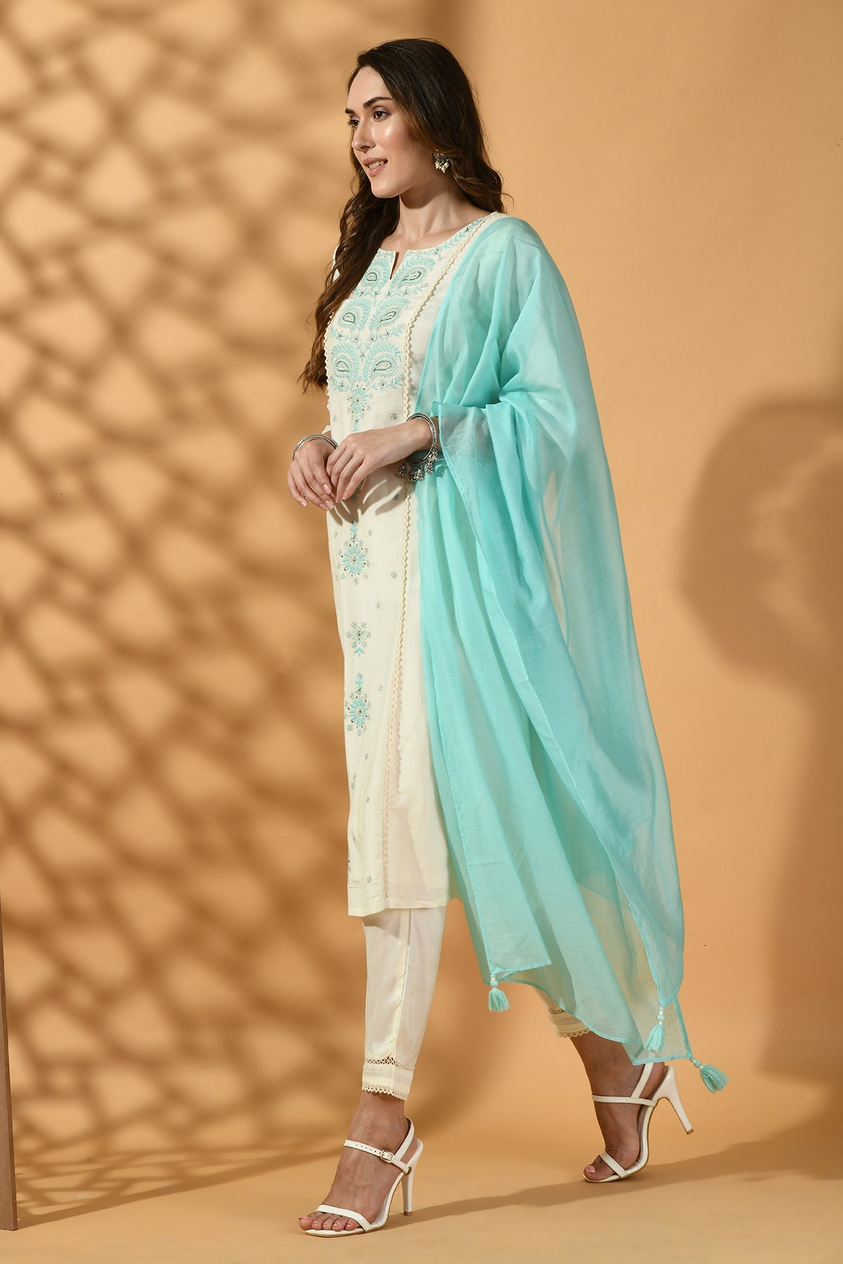 Cream Embroidered Solid Kurta Set