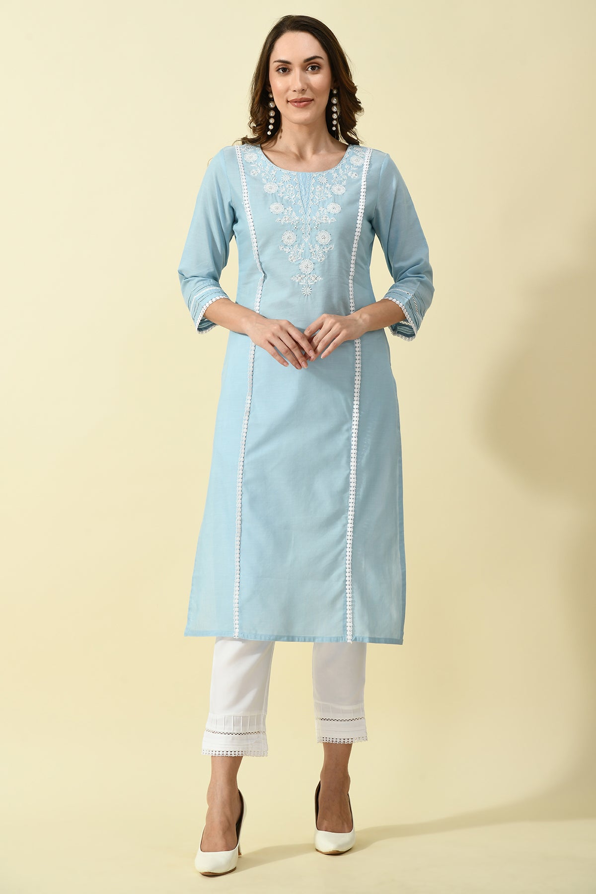 Blue Yoke Embroidered Solid Straight Kurta 2 Pcs Set