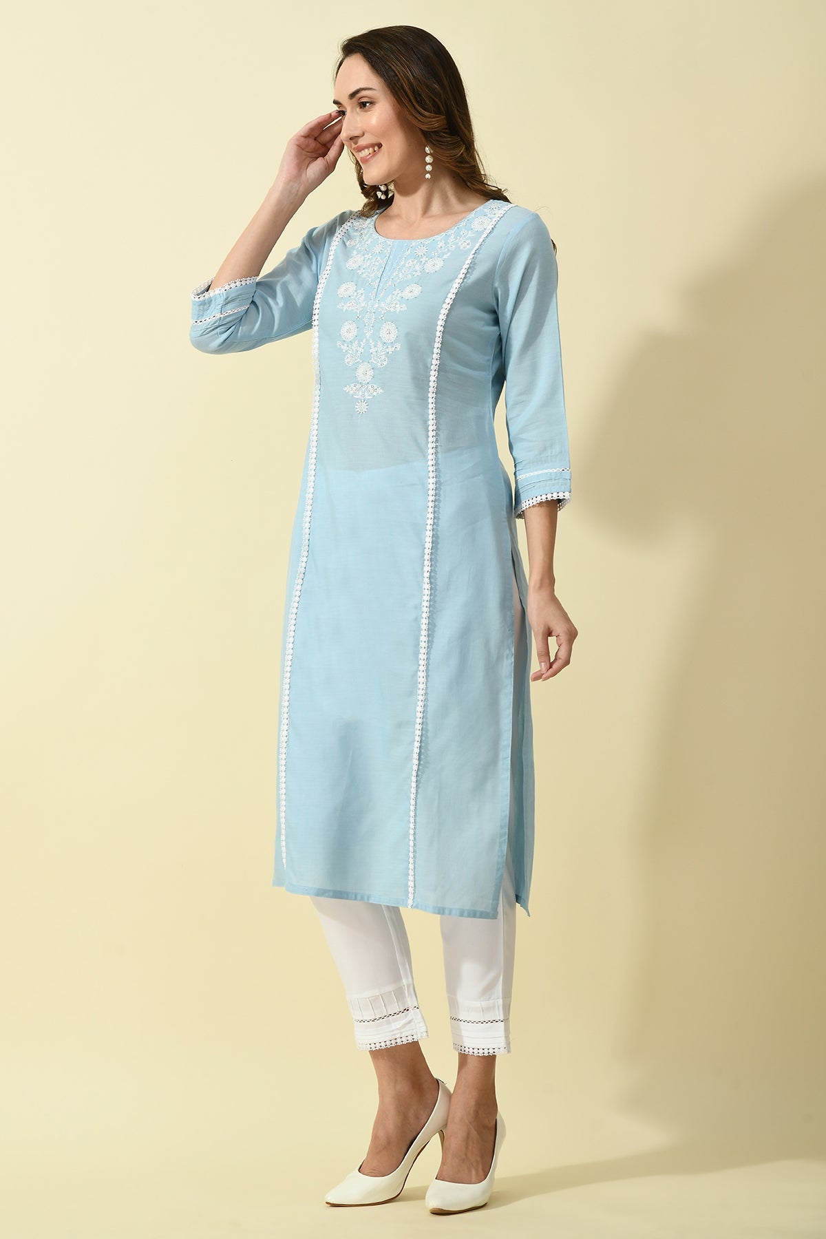 Blue Yoke Embroidered Solid Straight Kurta 2 Pcs Set