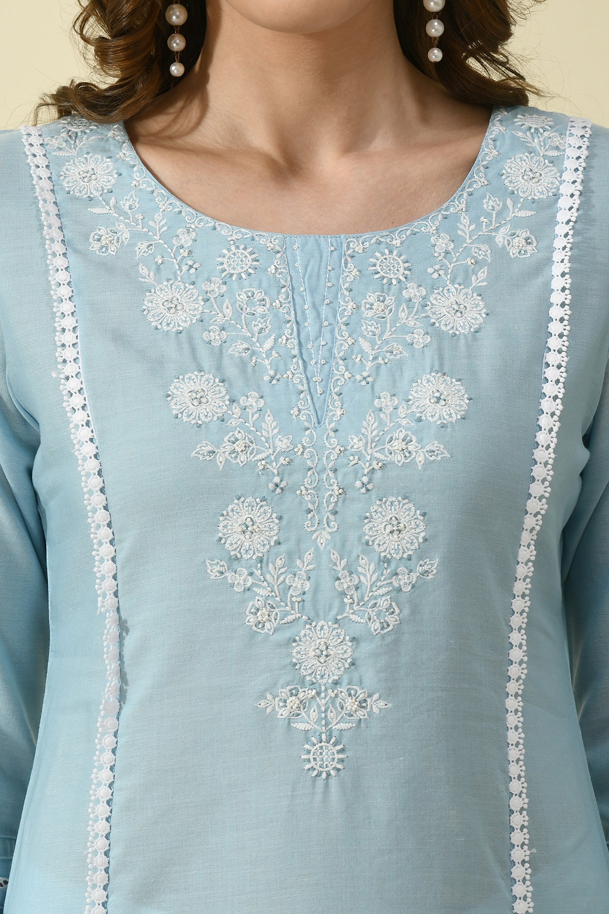 Blue Yoke Embroidered Solid Straight Kurta 2 Pcs Set