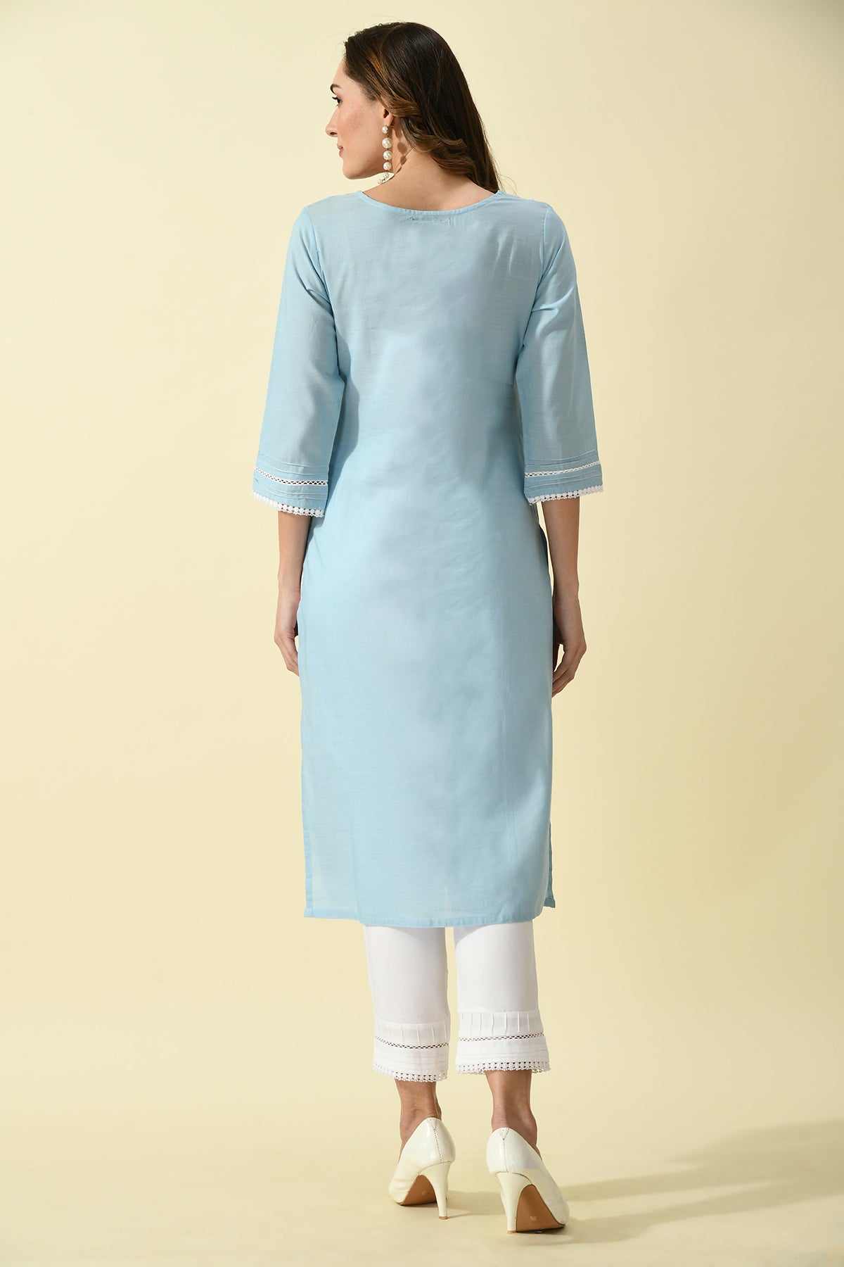 Blue Yoke Embroidered Solid Straight Kurta 2 Pcs Set
