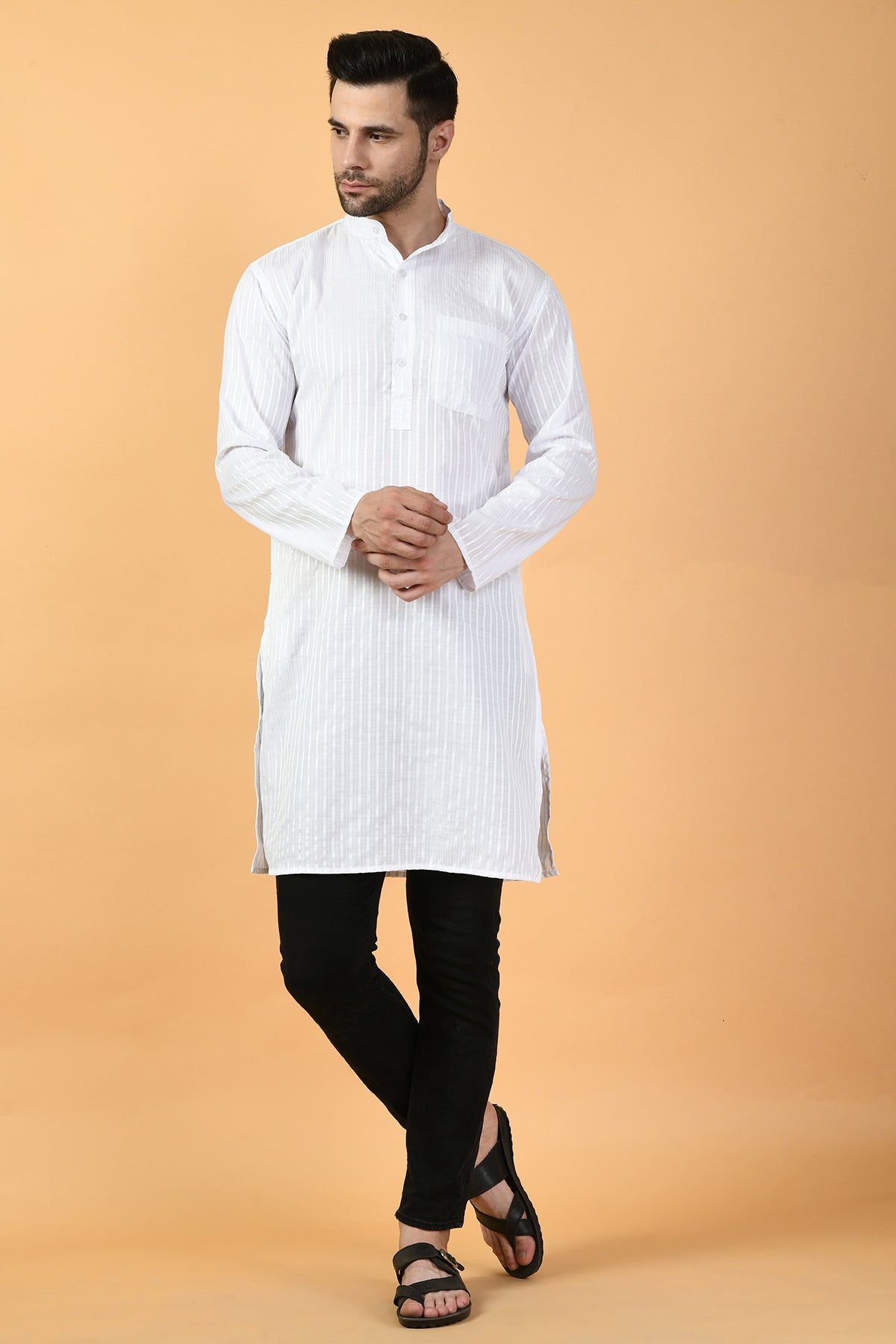 White Solid Check Print Kurta