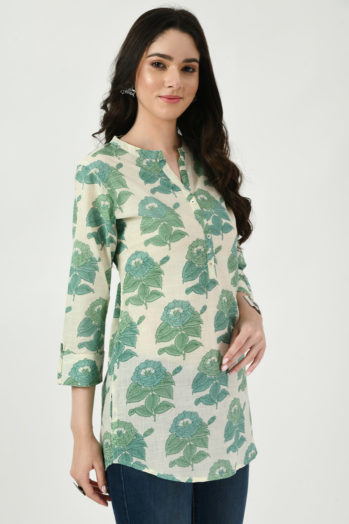 Cream Floral Green Printed Top