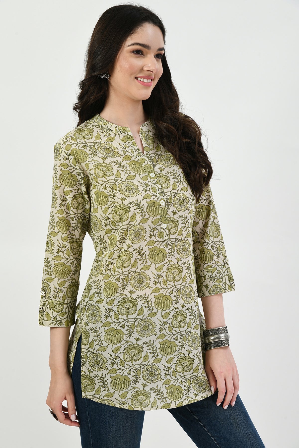 Cream Floral Green Printed Top