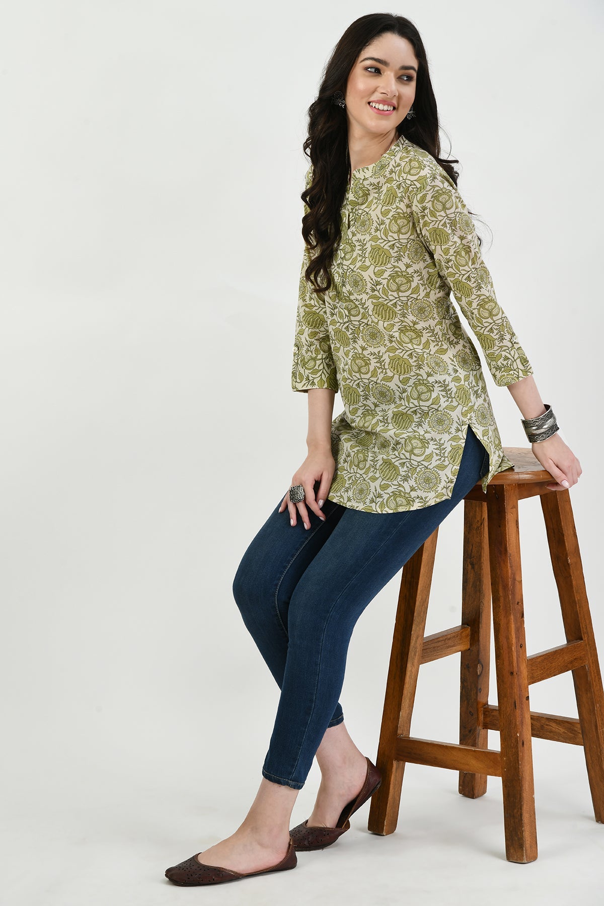 Cream Floral Green Printed Top