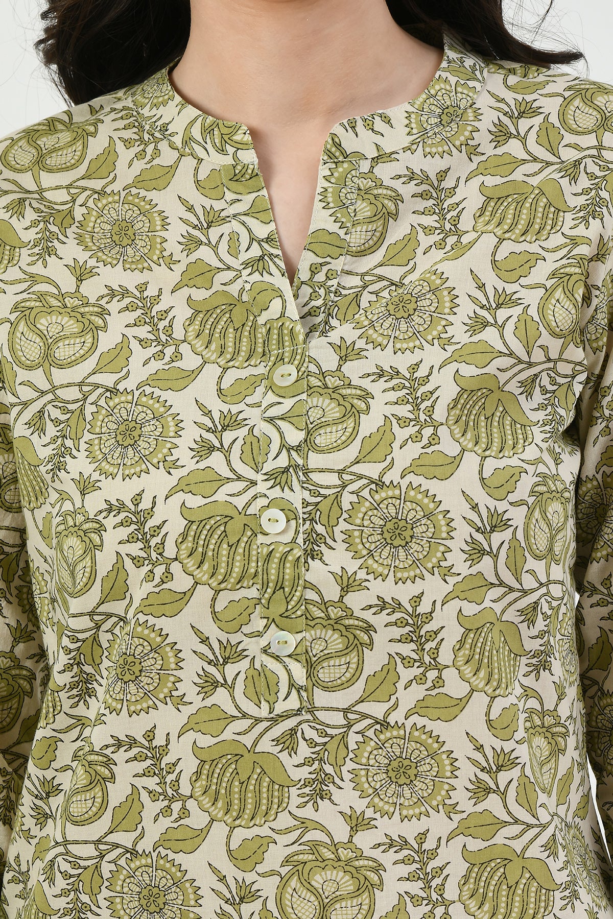 Cream Floral Green Printed Top