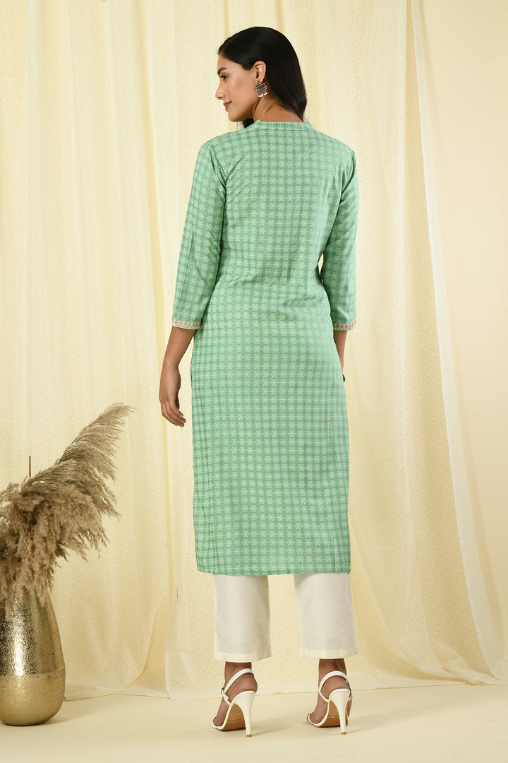Green Embroidered Printed Kurta