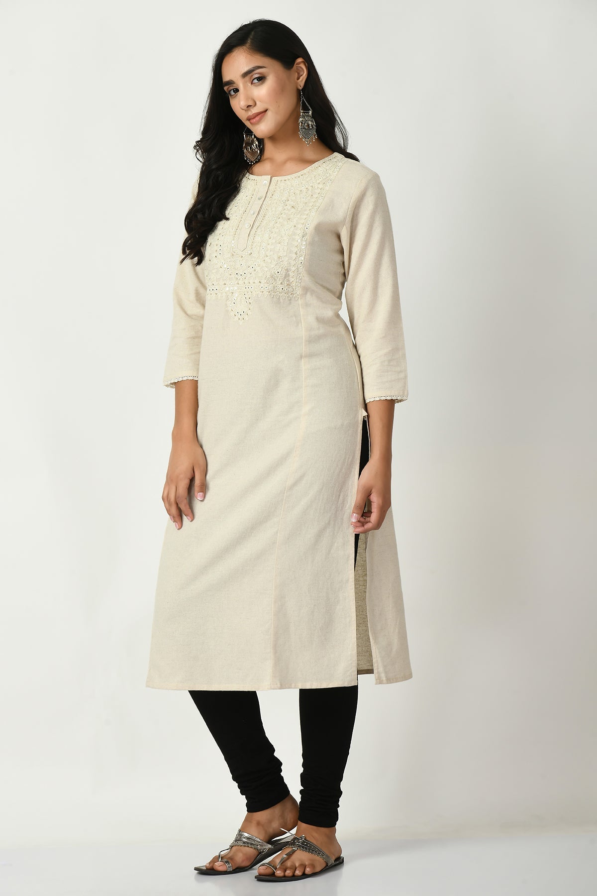 Off White Yoke Embroidered Kurta
