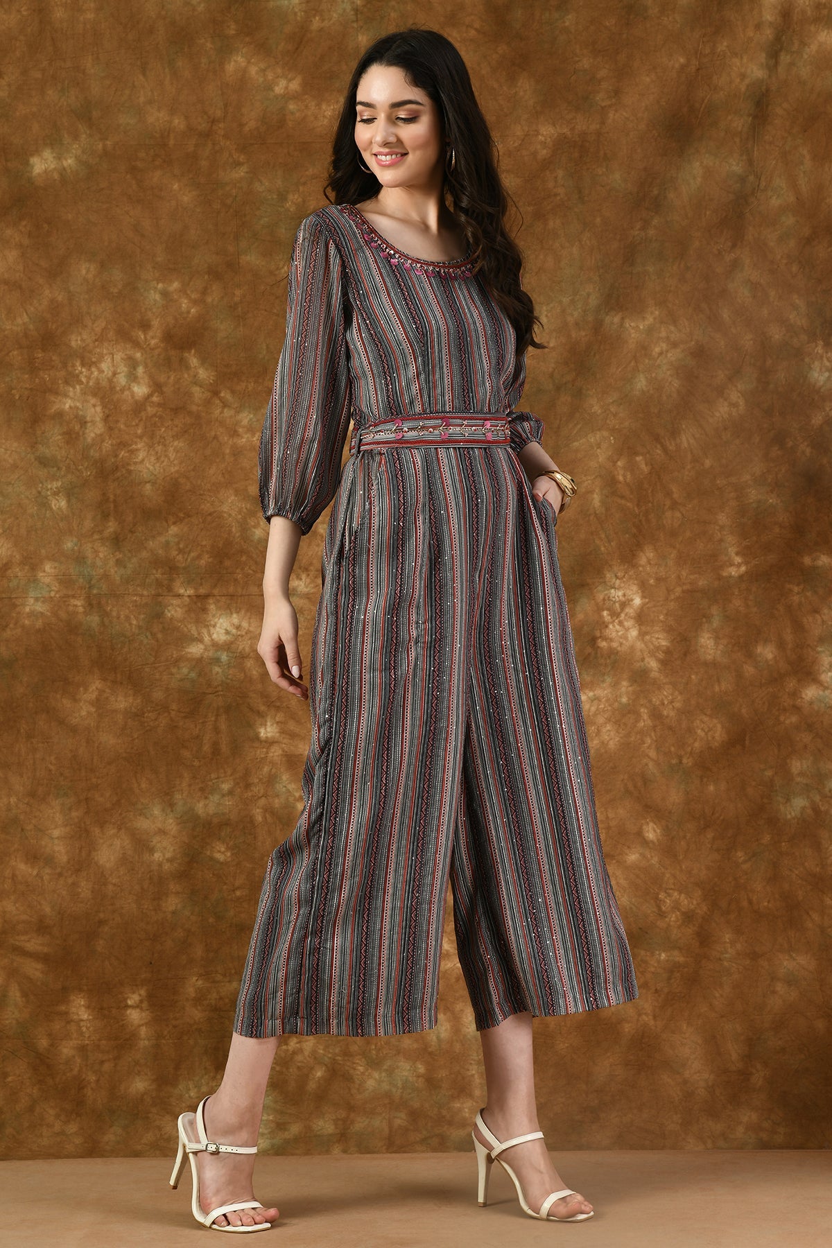 Multi Neck Stone Work Printed and Gather Jumpsuit