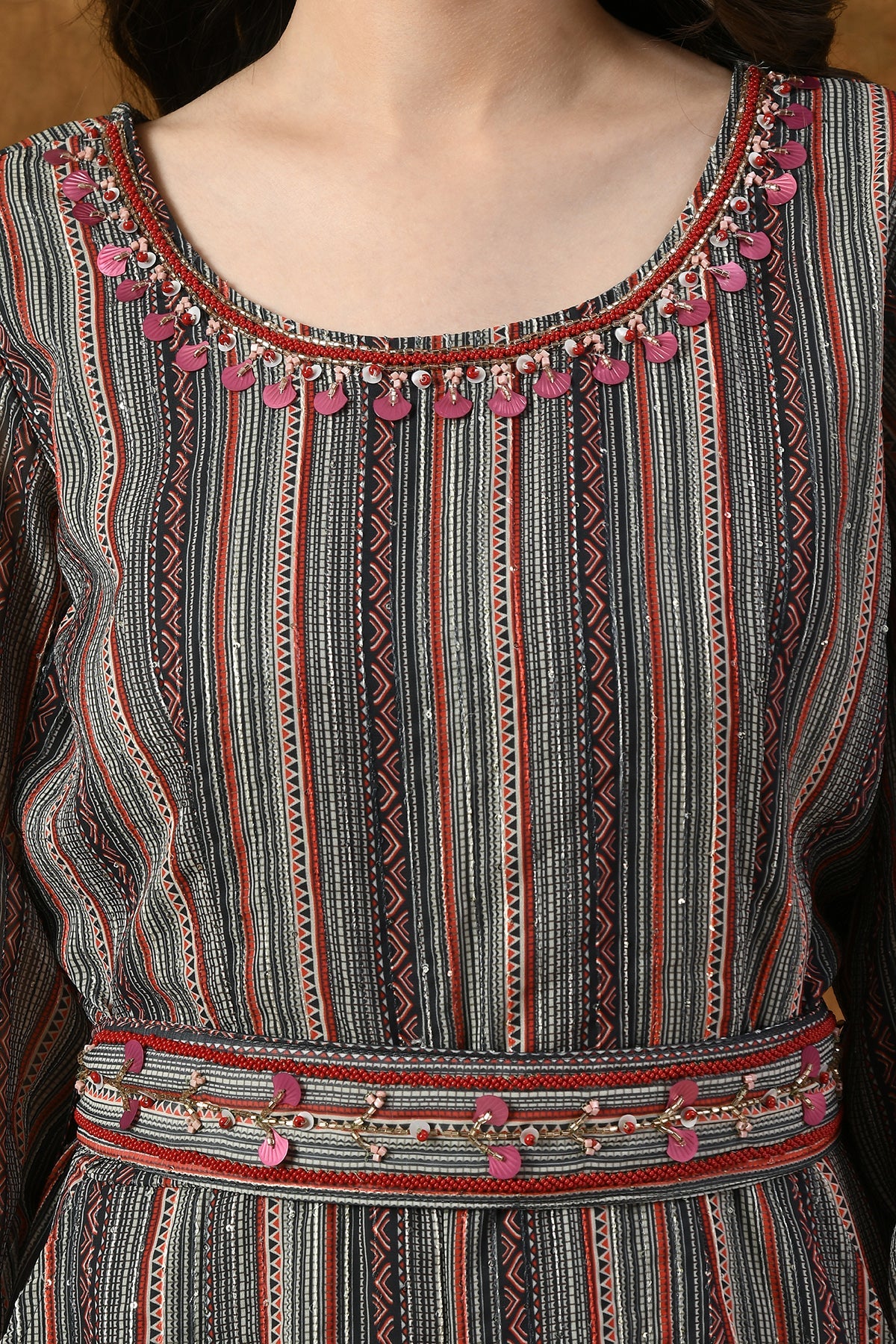 Multi Neck Stone Work Printed and Gather Jumpsuit