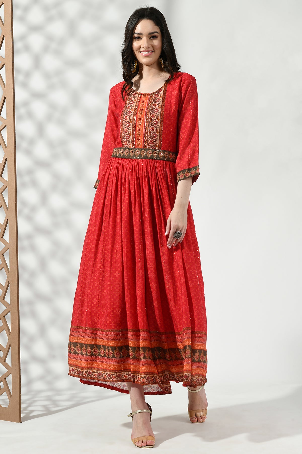 Red Yoke Stone Work Printed and Gathered Jumpsuit