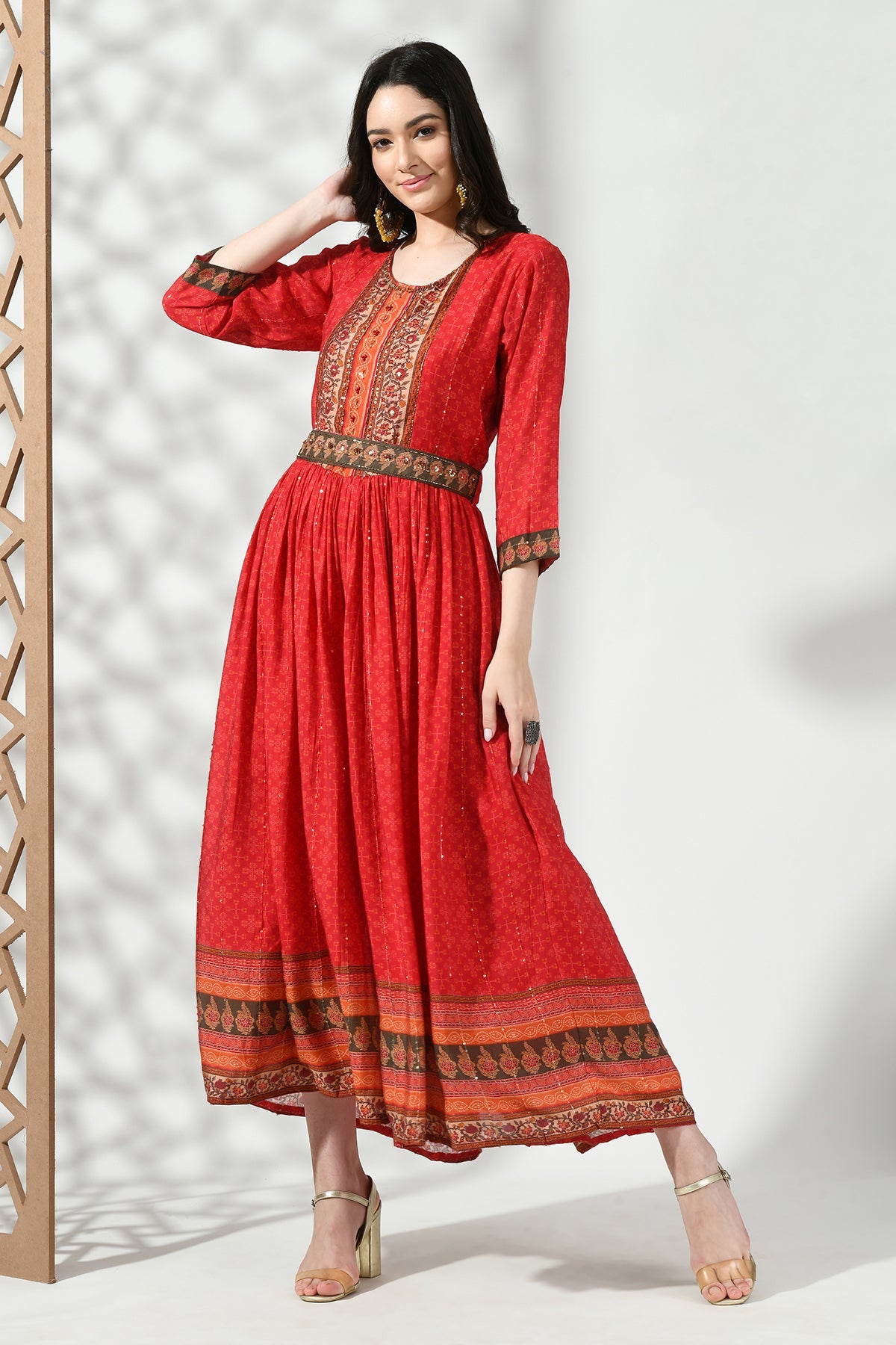 Red Yoke Stone Work Printed and Gathered Jumpsuit