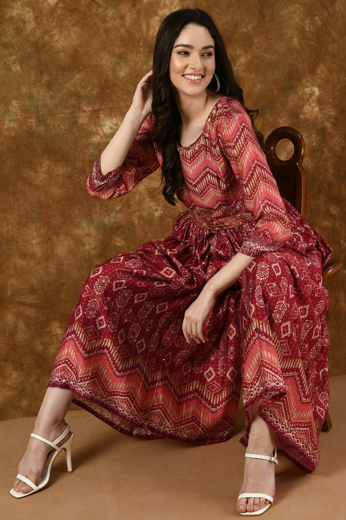 Pink Neck Stone Work Printed and Gather Jumpsuit