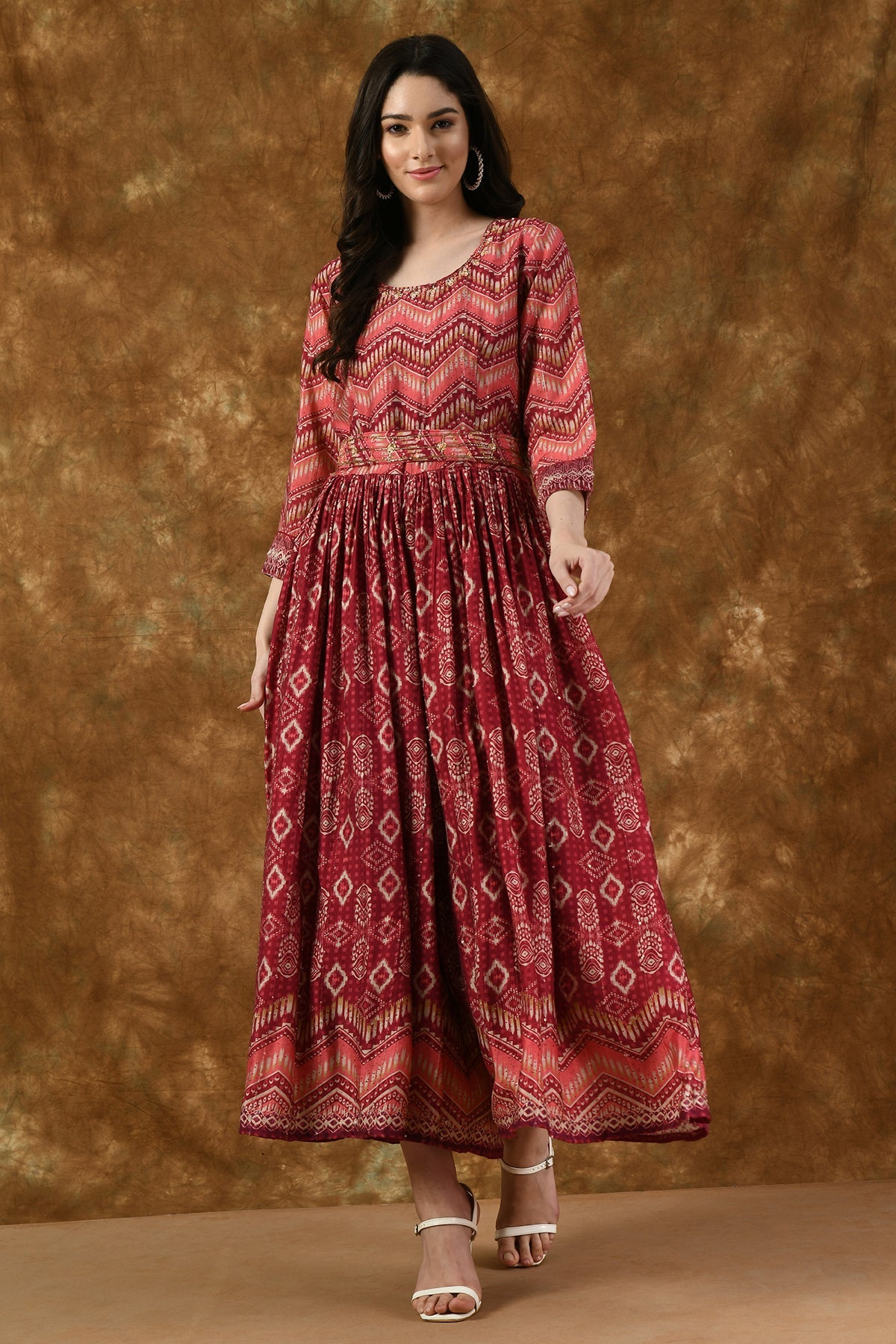 Pink Neck Stone Work Printed and Gather Jumpsuit