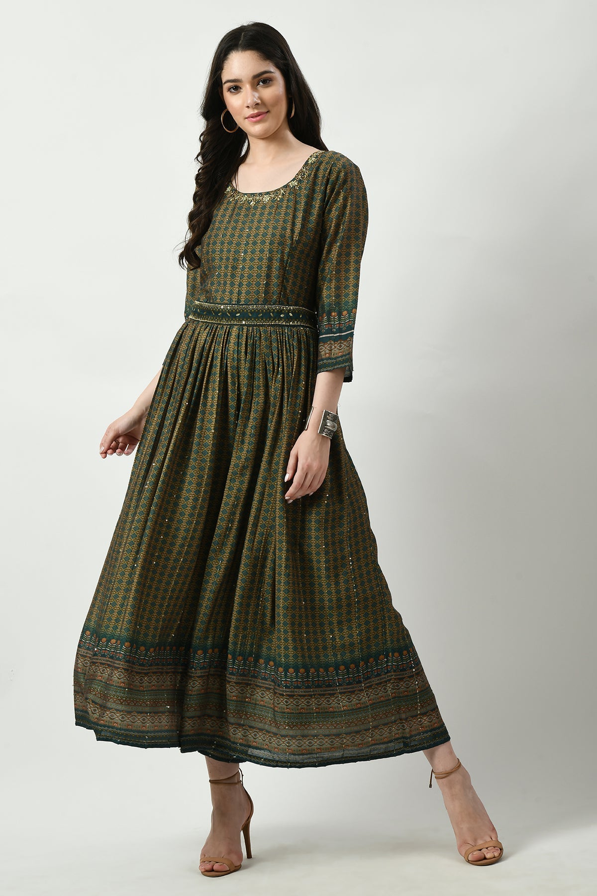 Green Neck Stone Work Printed and Gather Jumpsuit