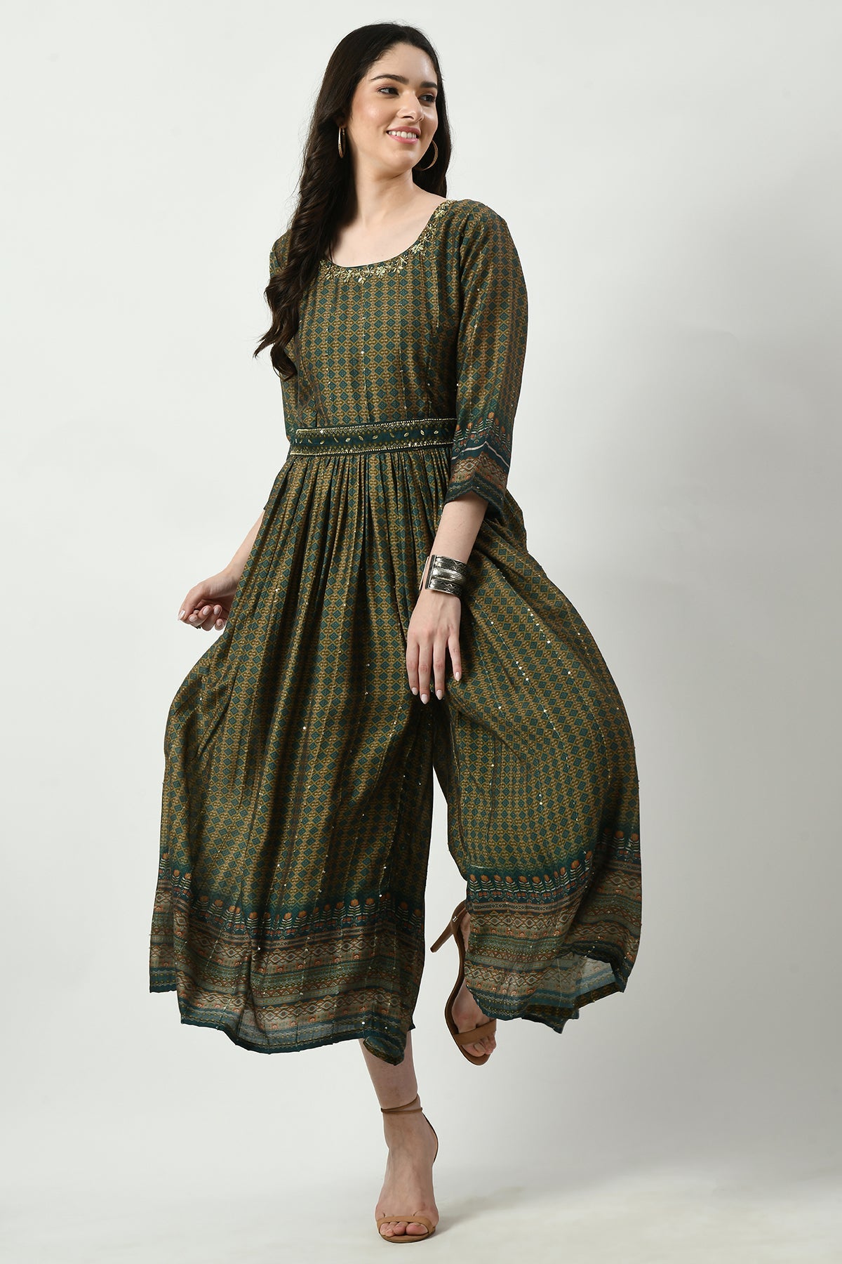 Green Neck Stone Work Printed and Gather Jumpsuit
