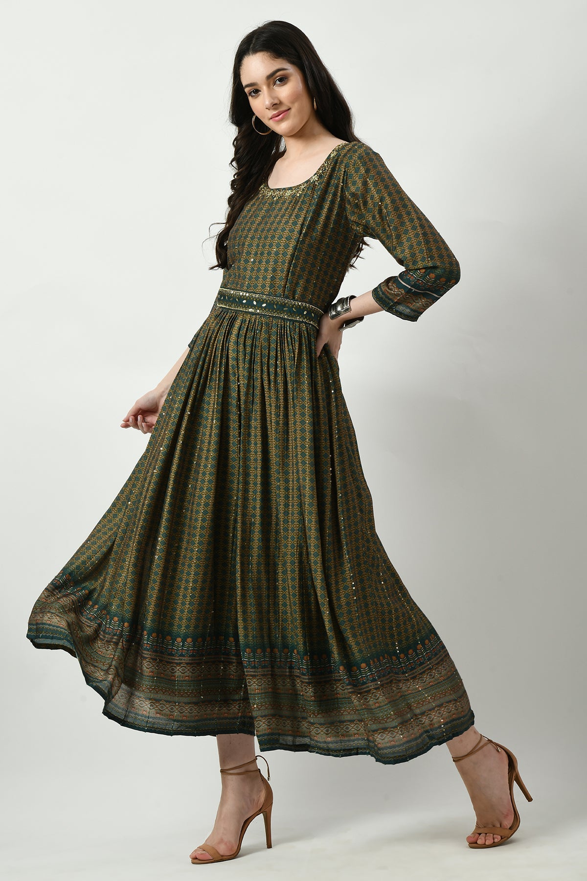Green Neck Stone Work Printed and Gather Jumpsuit