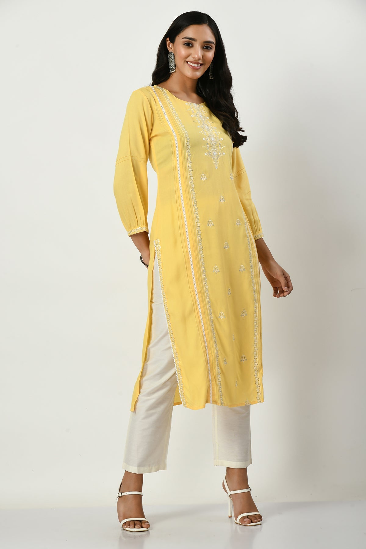 Yellow Embroidered Straight Kurta