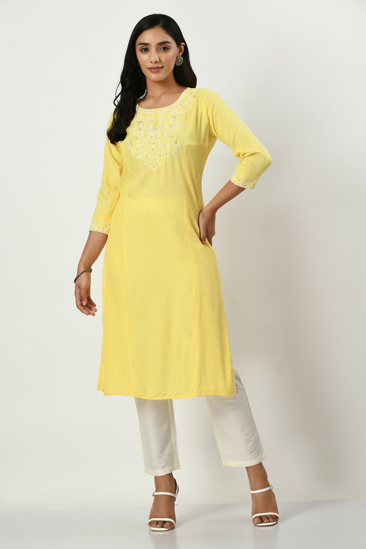 Yellow Yoke Embroidered Stone and Mirror Work Kurta
