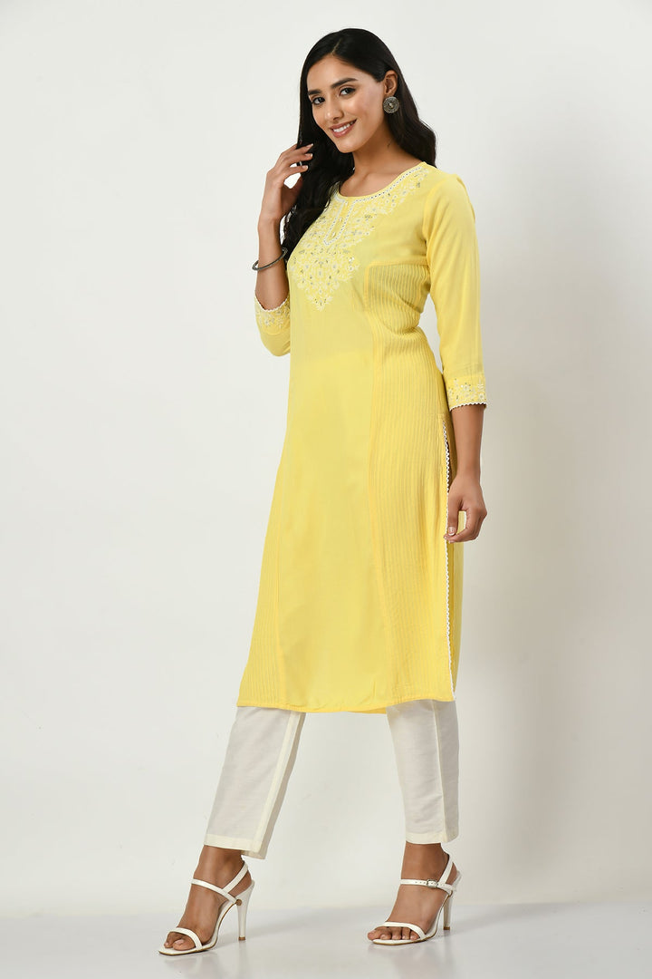 Yellow Yoke Embroidered Stone and Mirror Work Kurta