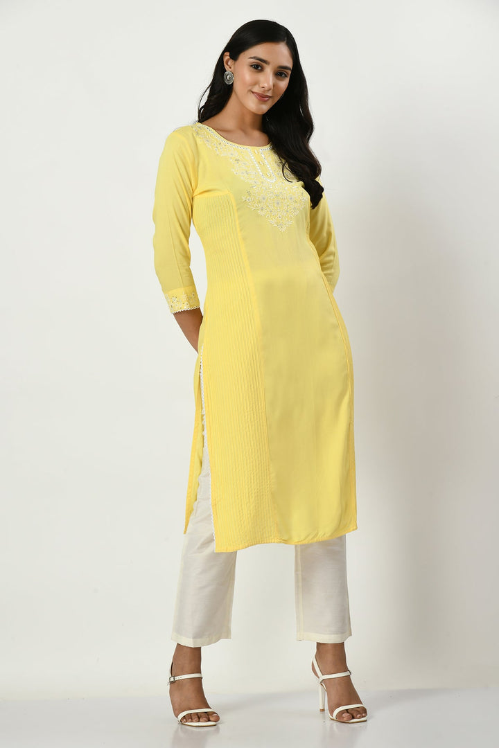 Yellow Yoke Embroidered Stone and Mirror Work Kurta