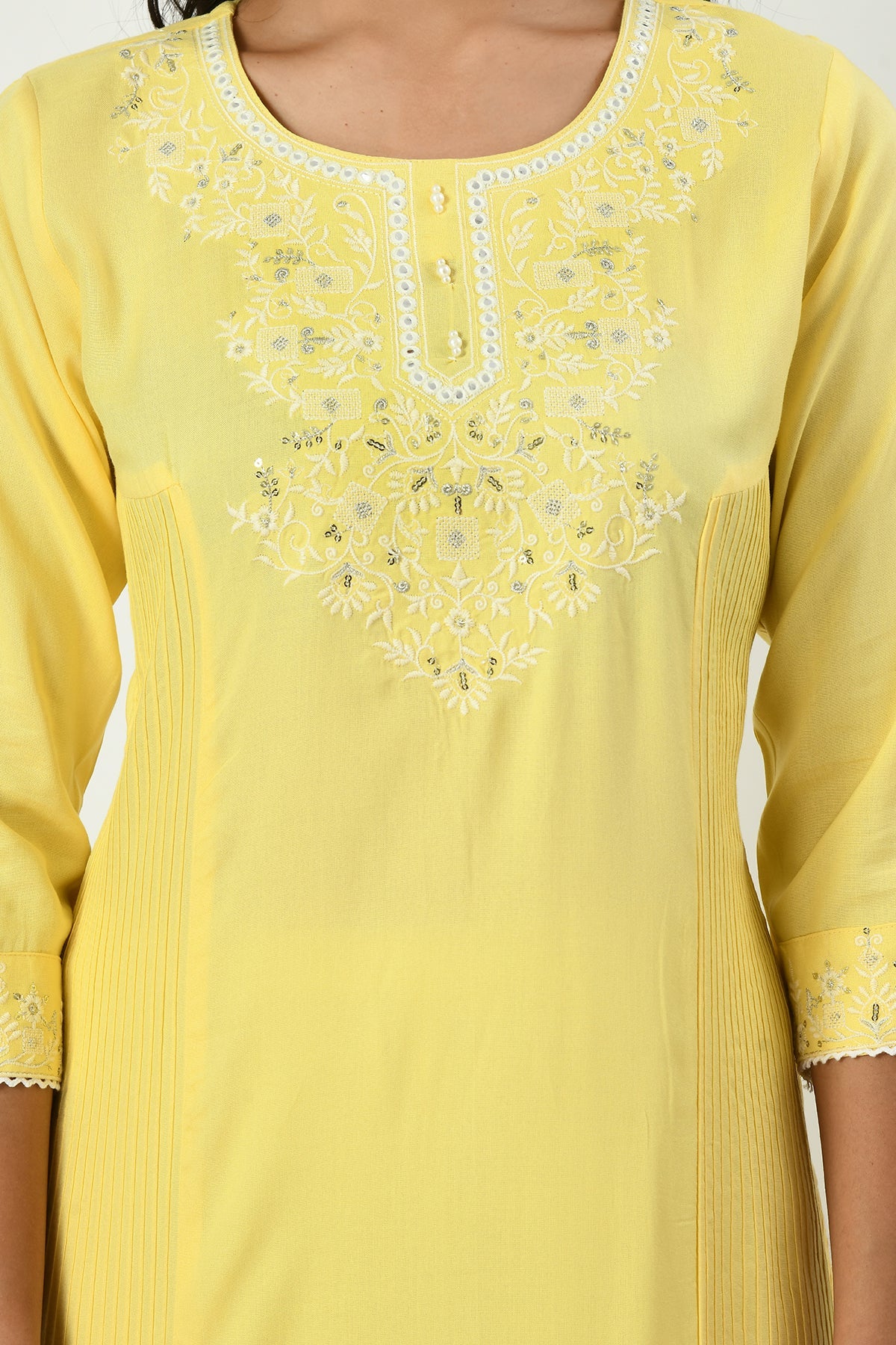 Yellow Yoke Embroidered Stone and Mirror Work Kurta