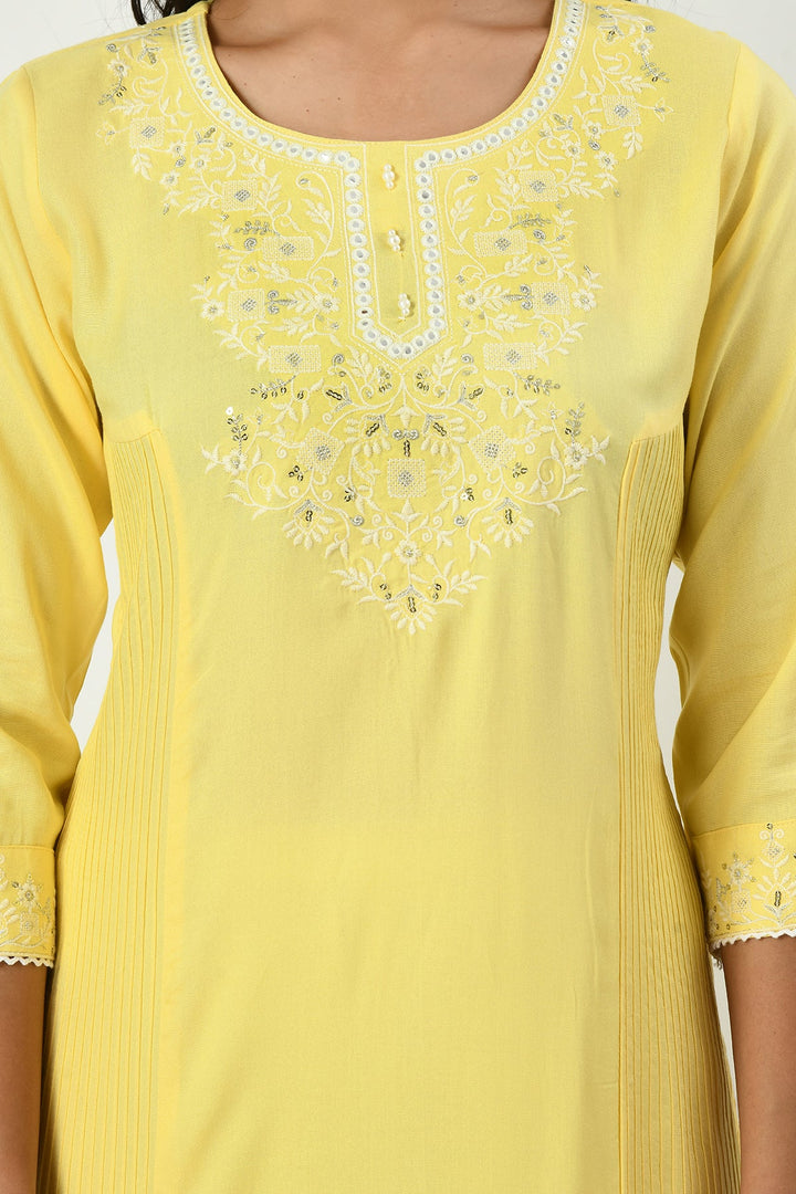 Yellow Yoke Embroidered Stone and Mirror Work Kurta