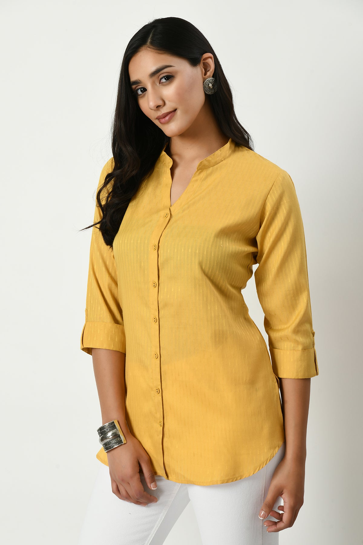 Mustard Self Design Straight Top