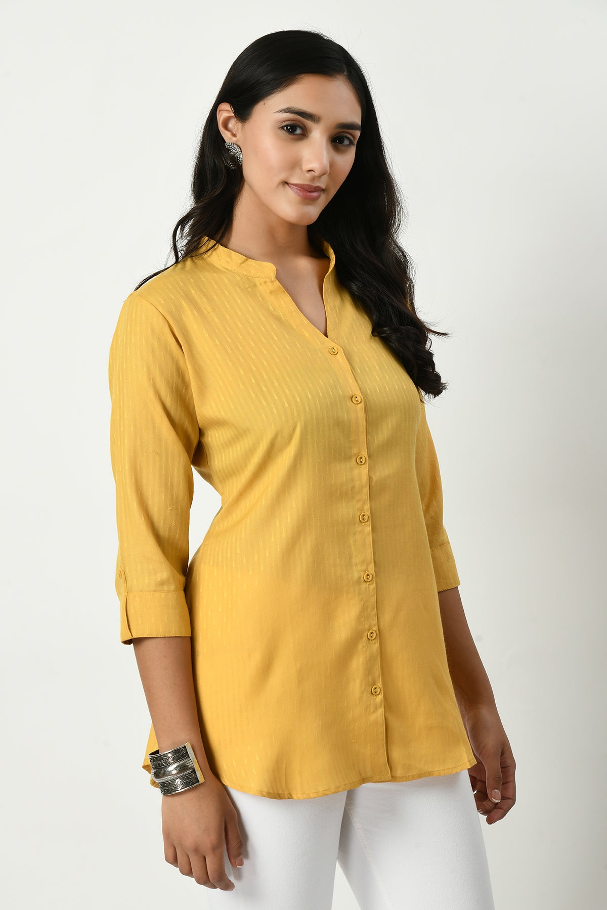 Mustard Self Design Straight Top