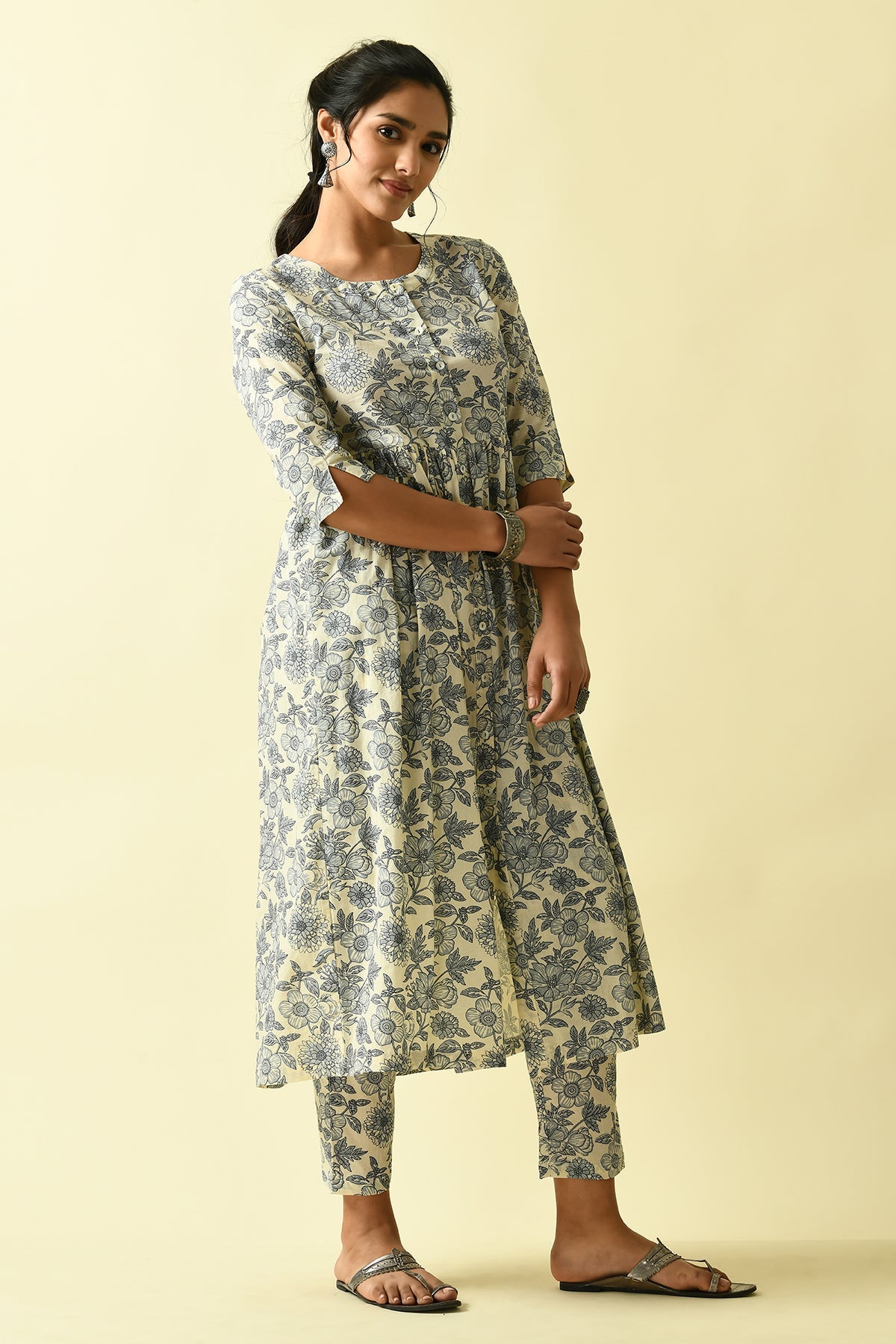 Cream Printed Kurta Set