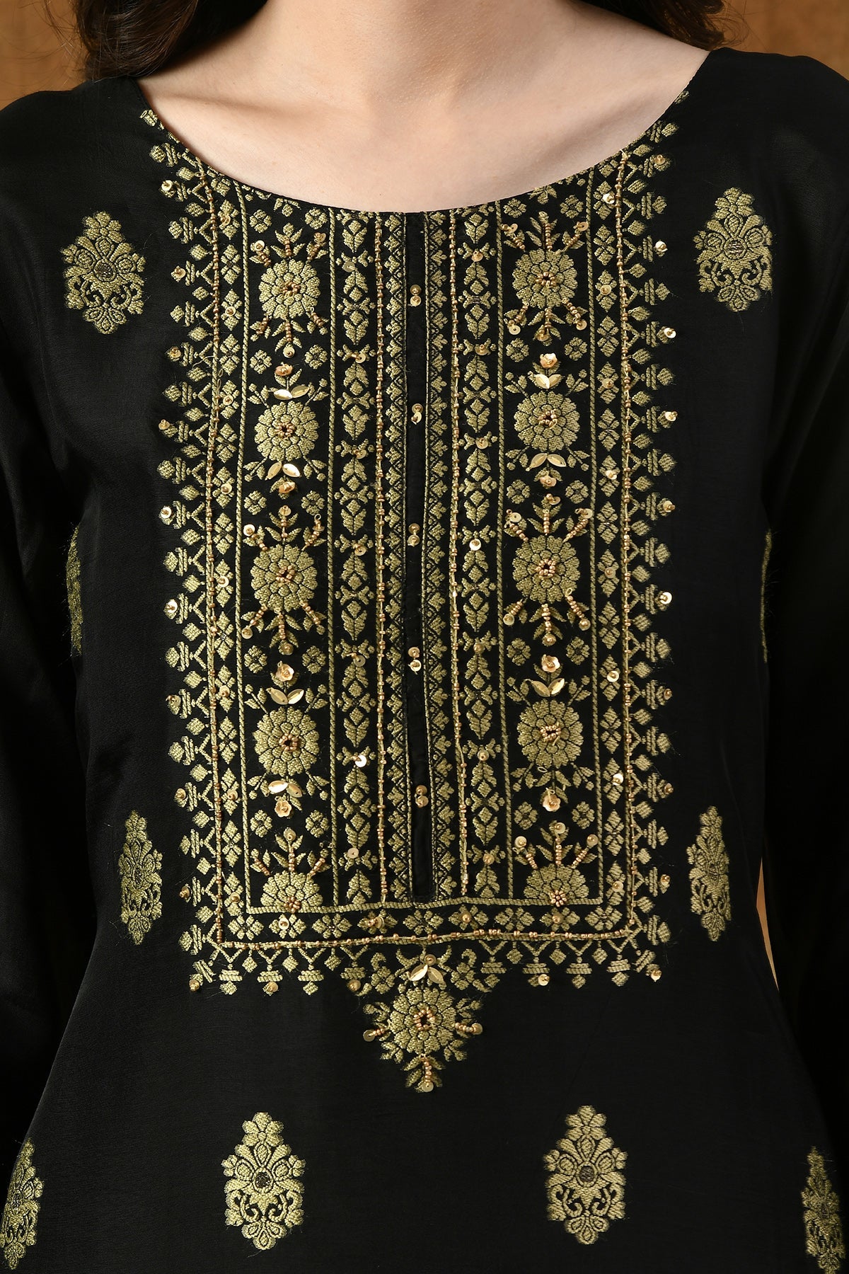 Black Embroidered Straight Kurta 3 Pcs Set
