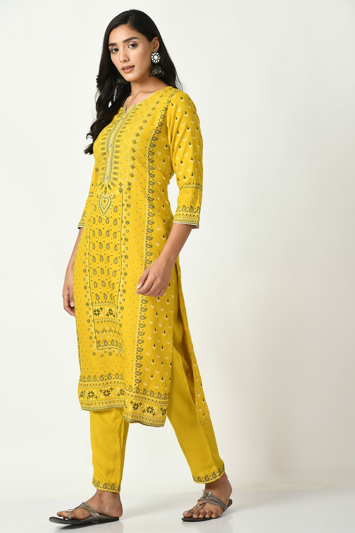 Mustard Yoke Stone Work Printed Kurta 2 Pcs Set