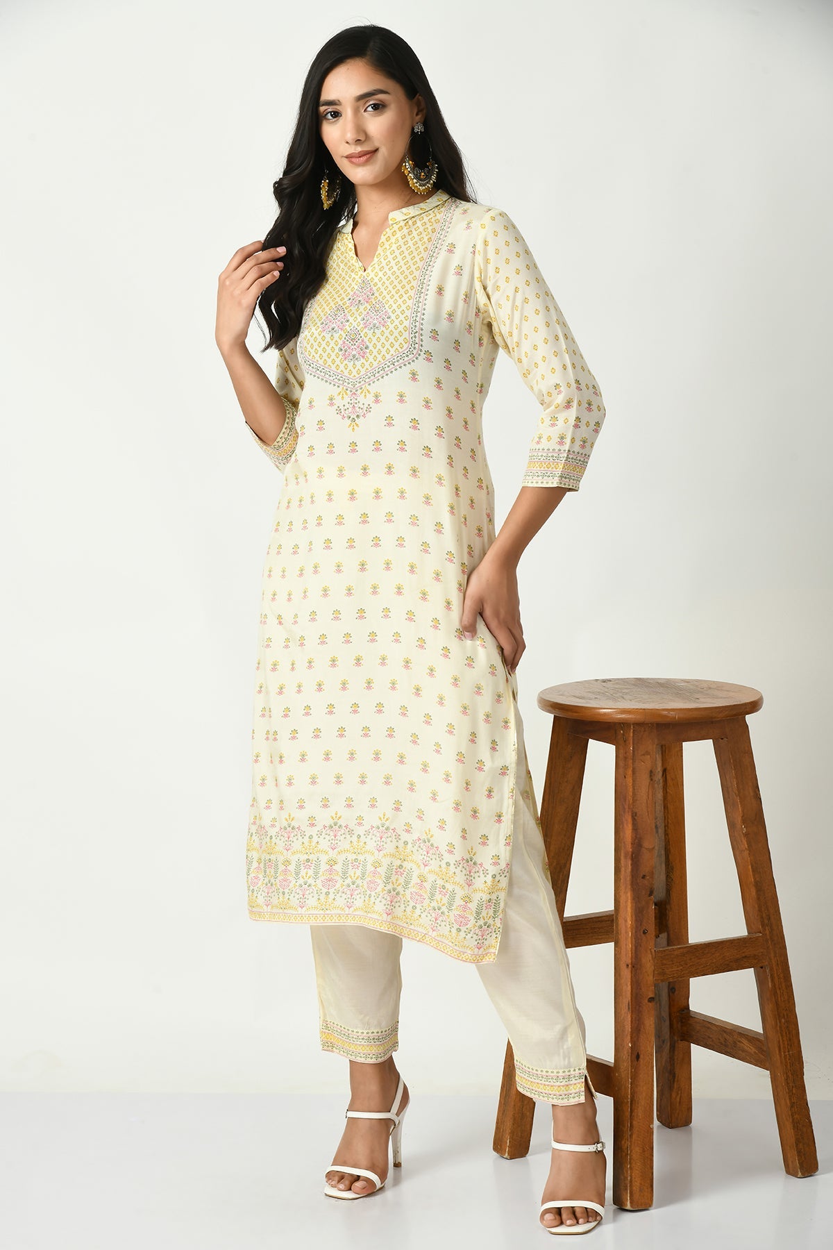 Cream Printed Kurta Set