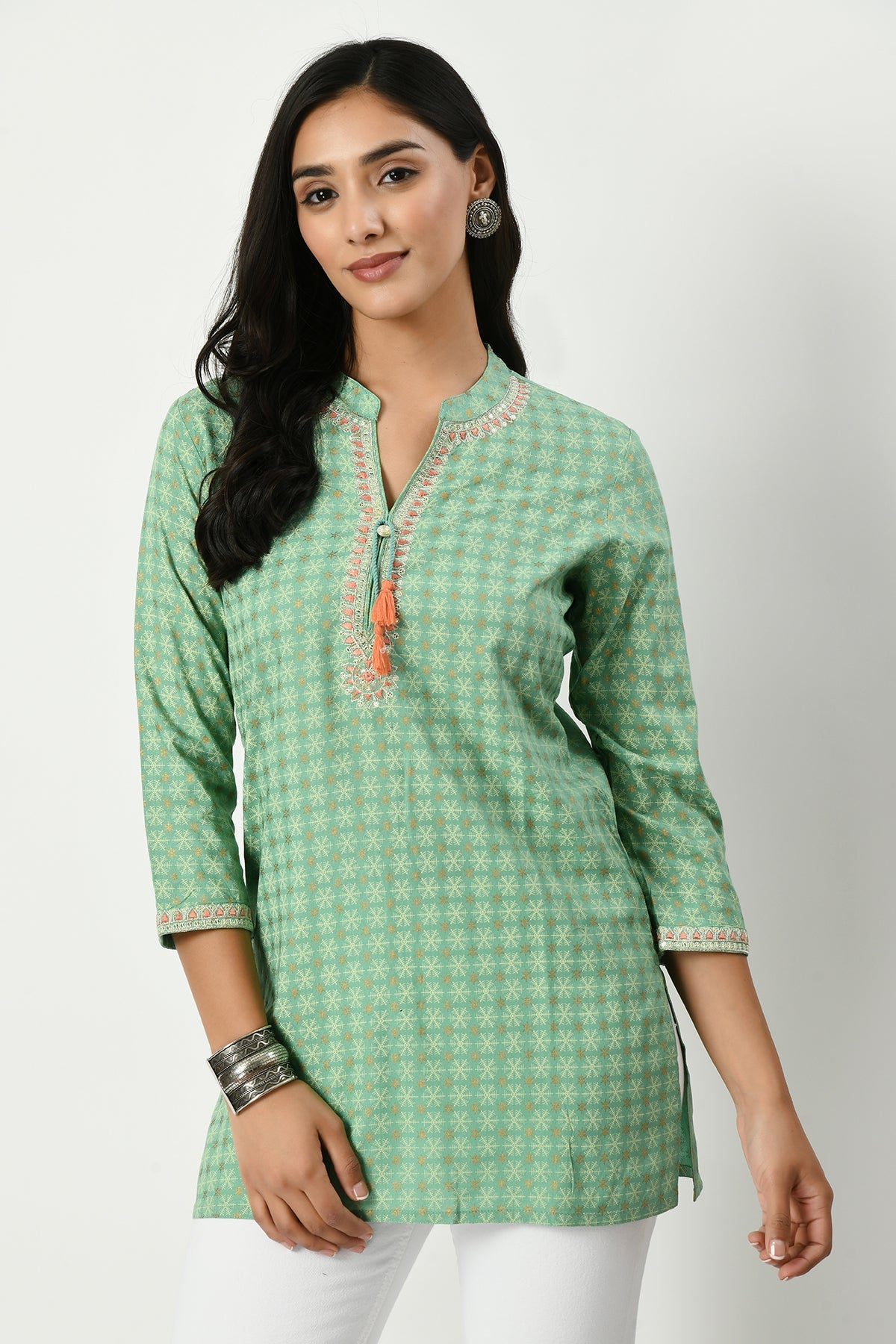 Green Yoke Embroidered Printed Top