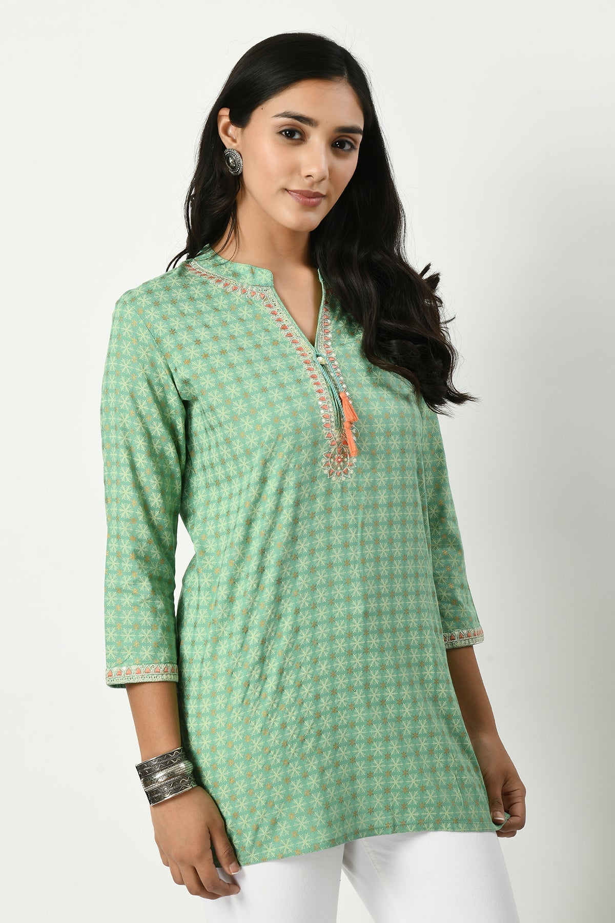 Green Yoke Embroidered Printed Top