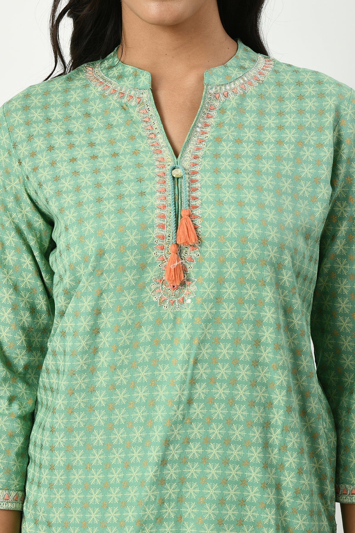 Green Yoke Embroidered Printed Top