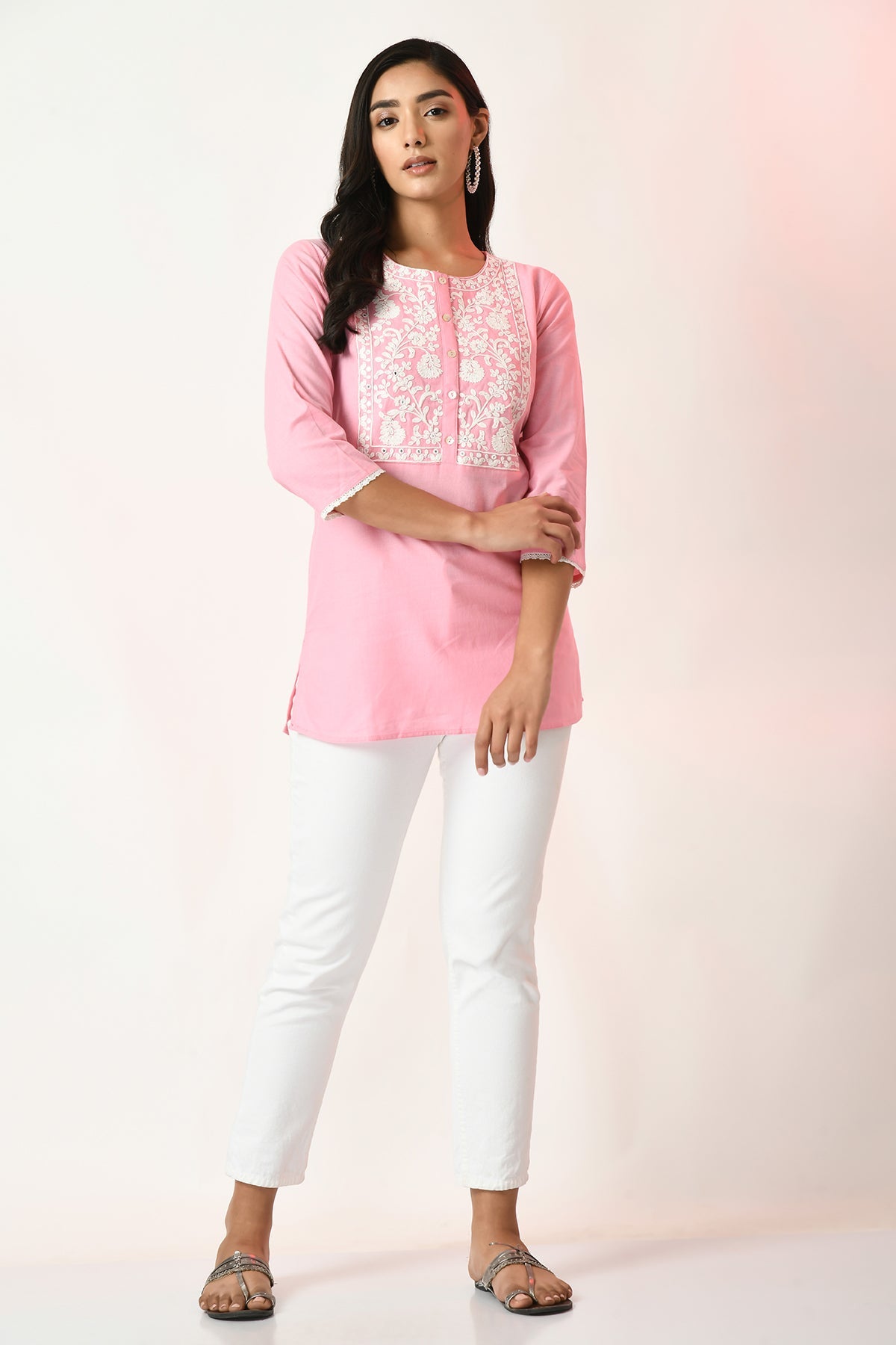 Pink Yoke Embroidered Top