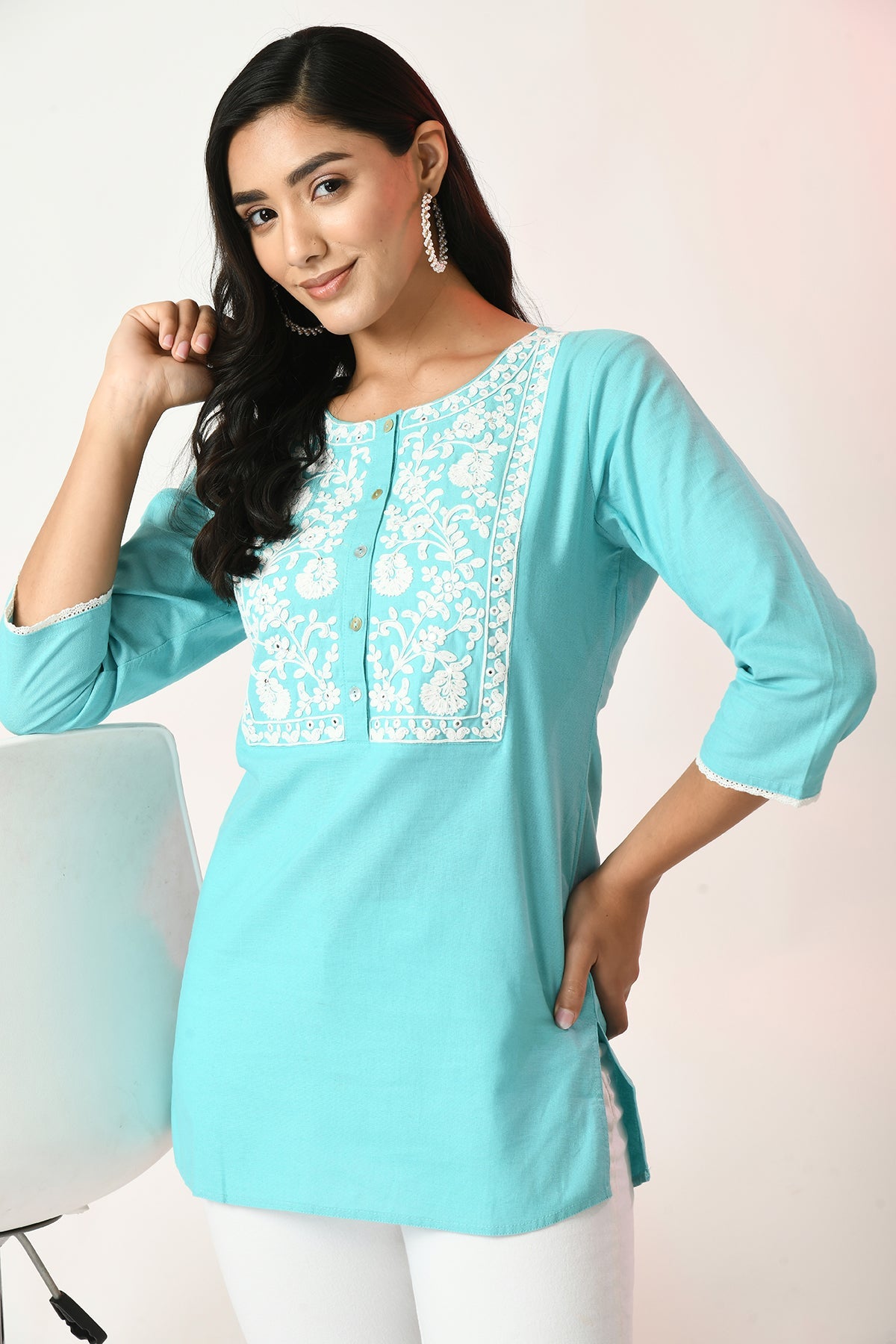Blue Yoke Embroidered Top