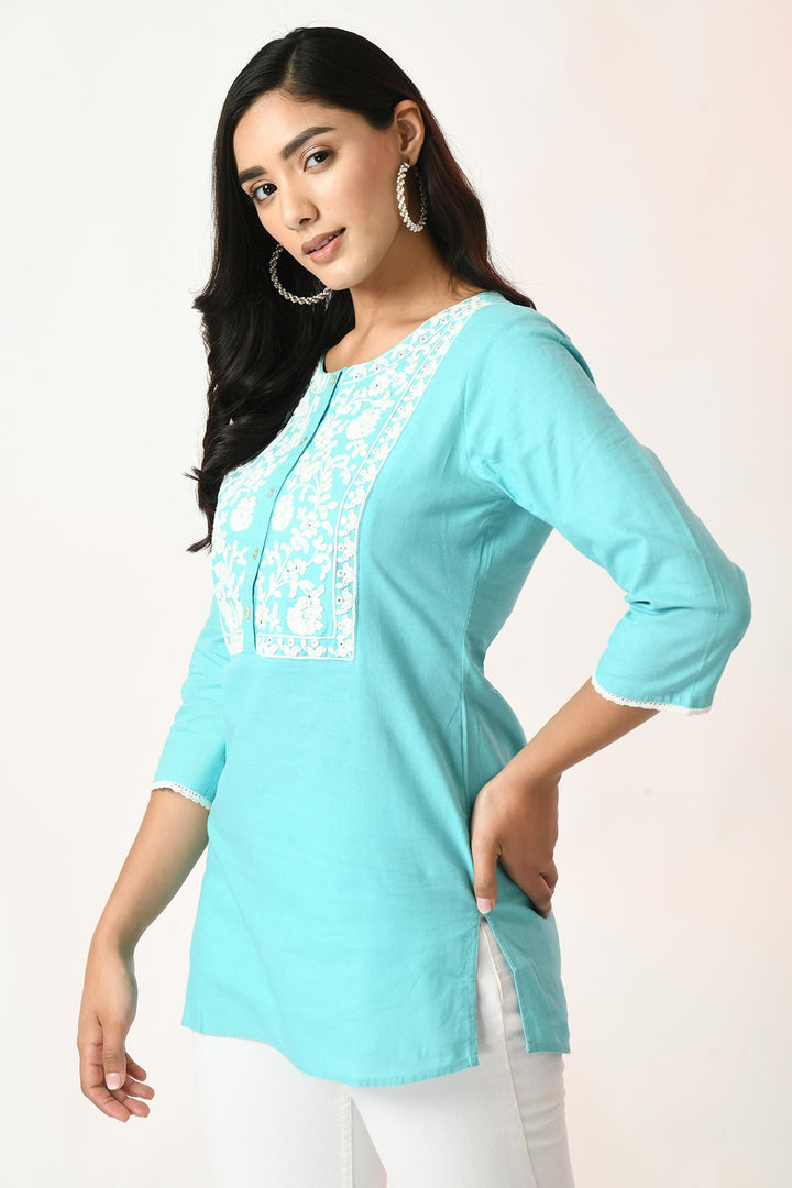Blue Yoke Embroidered Top