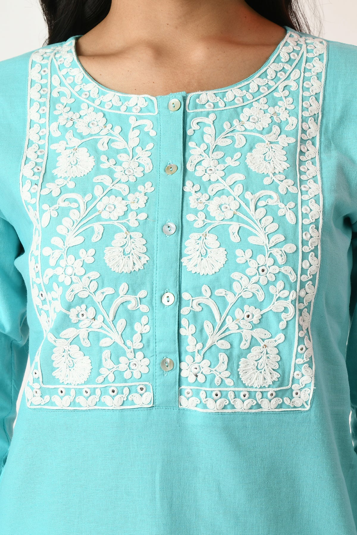 Blue Yoke Embroidered Top
