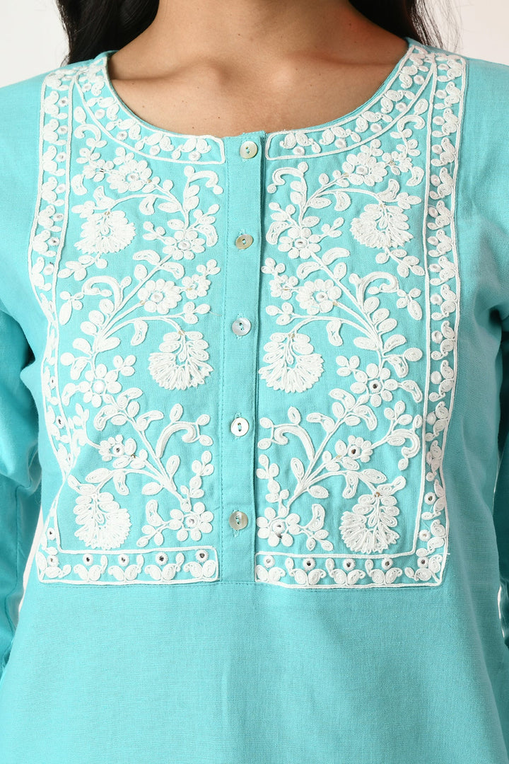Blue Yoke Embroidered Top